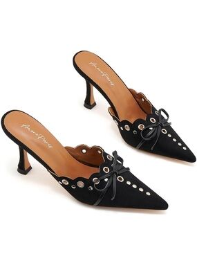 Amore Paris Black Scalloped Pointed-Toe Mule Heels with Bow